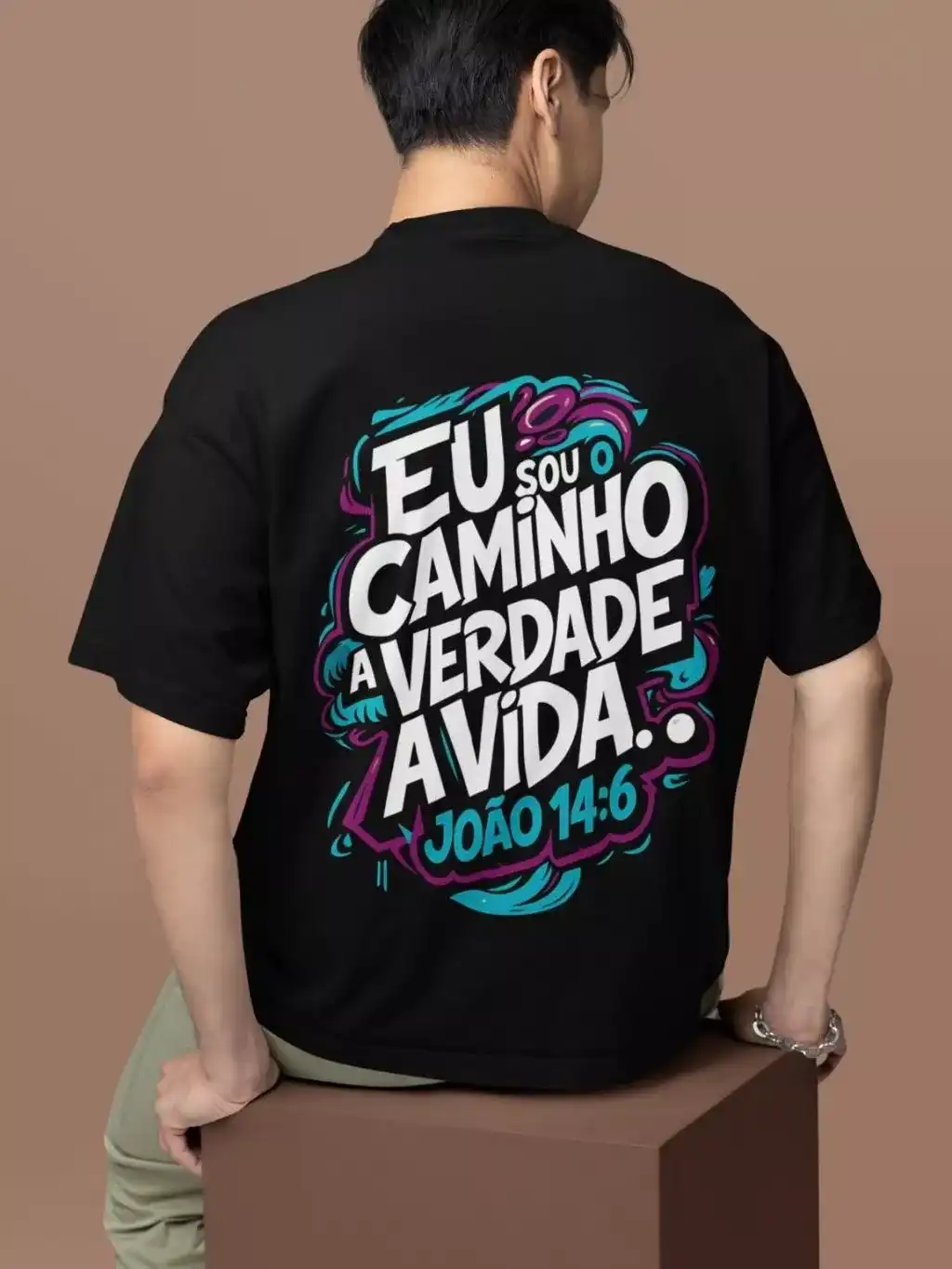 Imagem produto Camiseta Oversized Cristã João 14:6 Masculina Eu Sou o Caminho a Verdade e a Vida 100% Algodão Premi