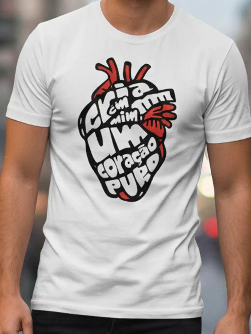 Imagem produto Camiseta Cristã Masculina Feminina 100% Algodão Com Versículo Bíblico - Cria Em Mim um Coração Puro