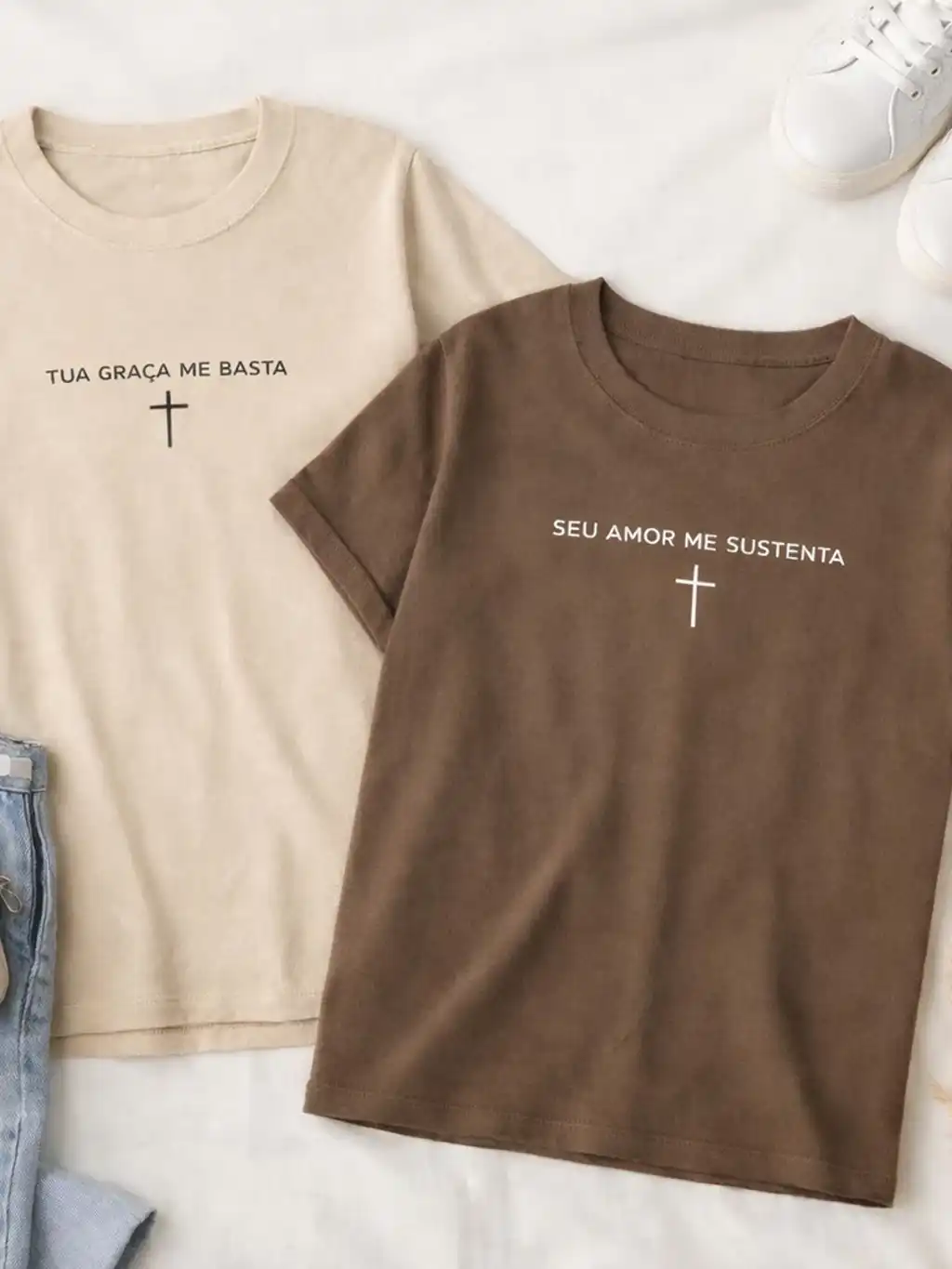 Imagem produto Kit 2 Camisetas Religiosas Tua Graça Me Basta Seu Amor Me Sustenta 100% Algodao Confortavel