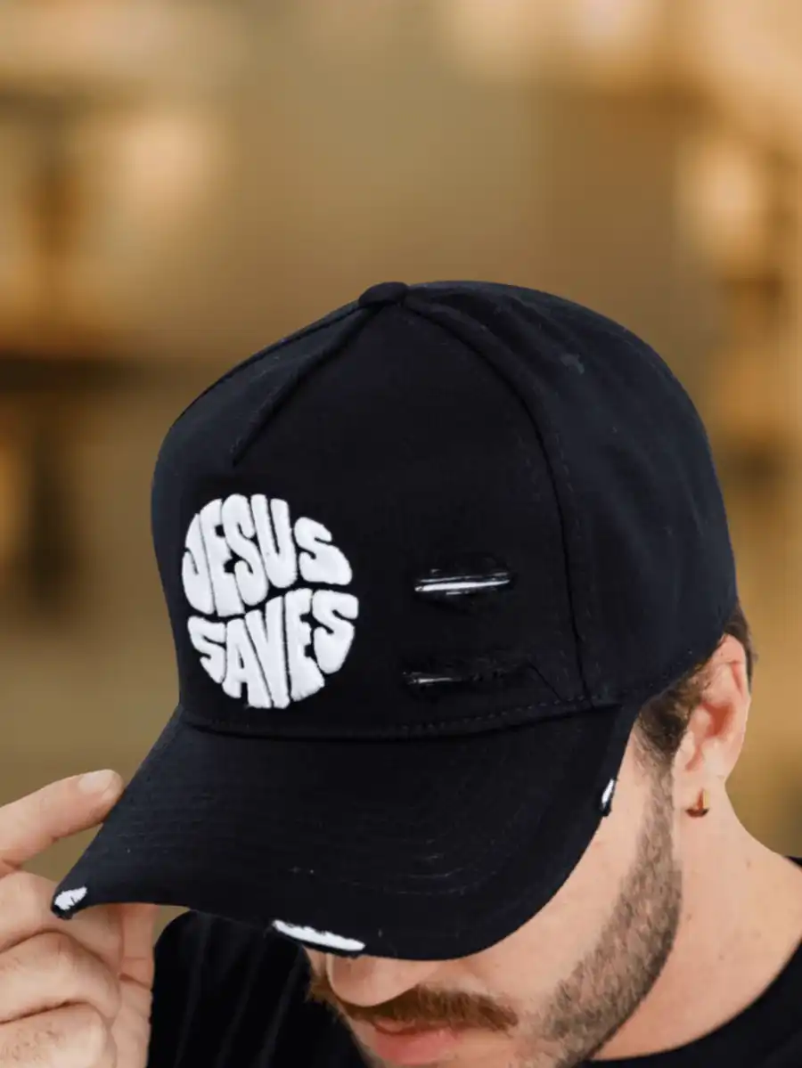 Imagem produto Boné Masculino Aba Curva Ajustável Preto Bordado Jesus Saves Unissex Premium Estilo Gospel Destroyed
